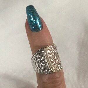 Macy’s Sterling silver yellow & rhodium hammered CZ overlapped fashion ring.